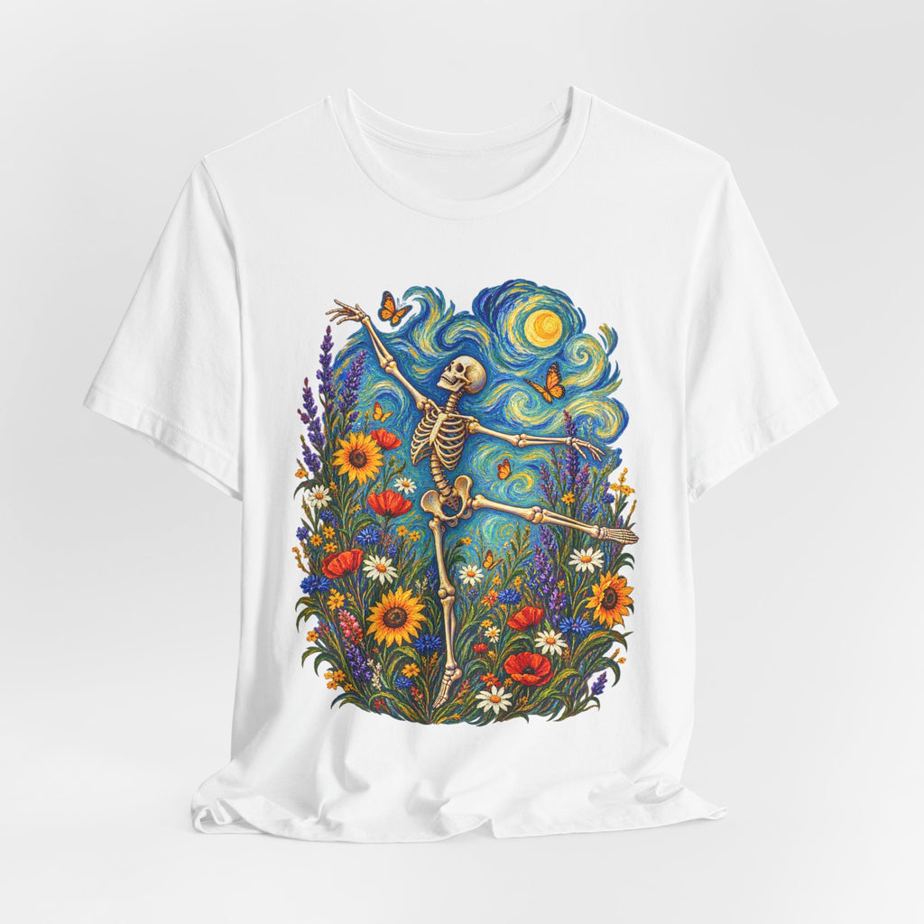 Starry Night Dancing Skeleton T-Shirt in Maroon - Van Gogh skeleton wildflower dark cottagecore tee, Barely Outdoorsy Bella Canvas