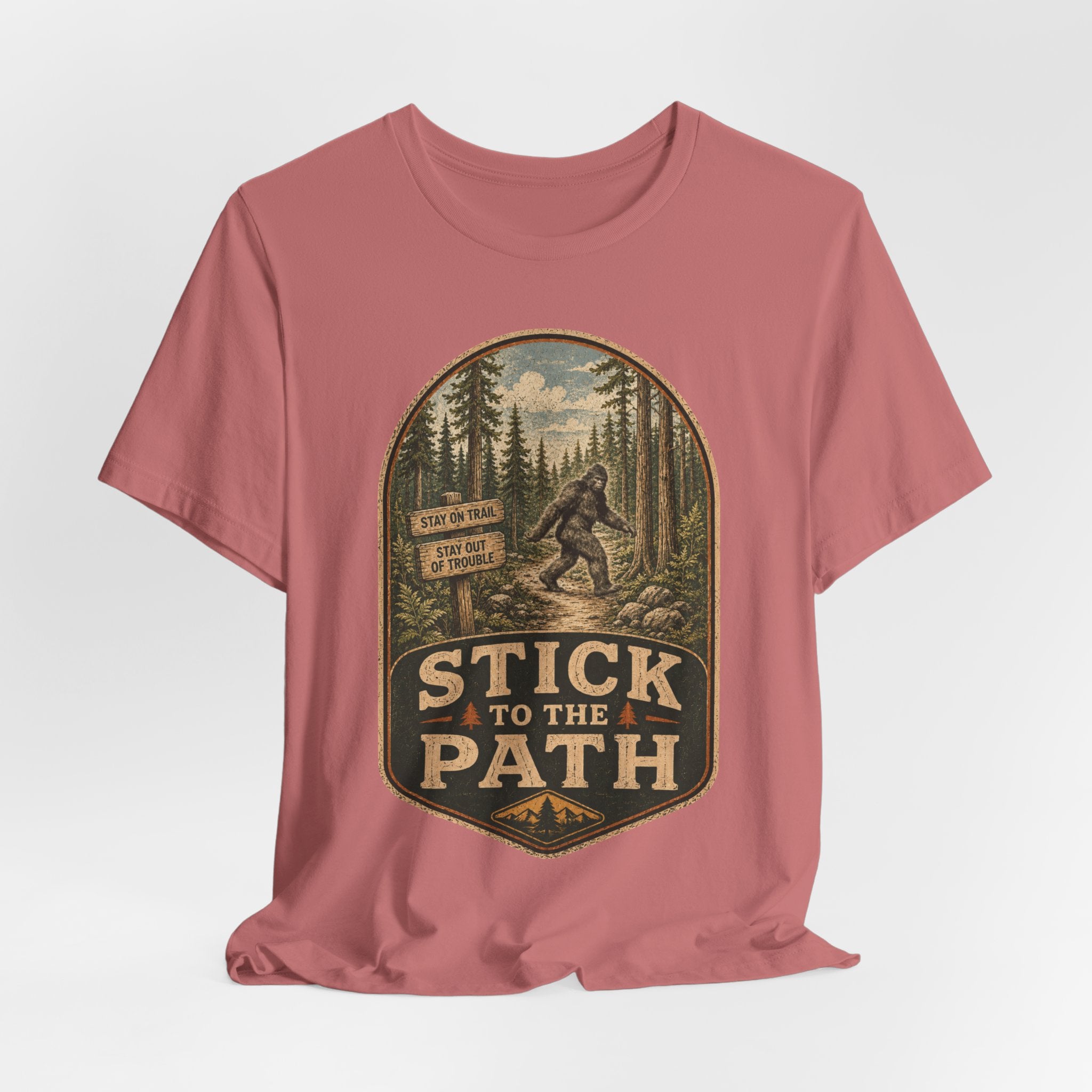 Stick To The Path Bigfoot Tee in White - funny Sasquatch stick to the path shirt, Barely Outdoorsy Bella Canvas 3001