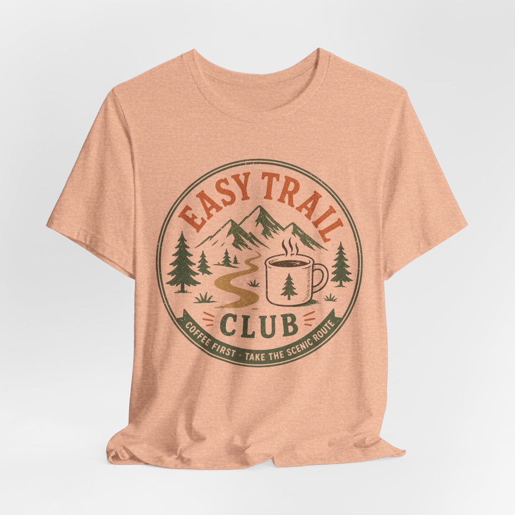 Person wearing Easy Trail Club coffee hiking shirt outdoor lifestyle