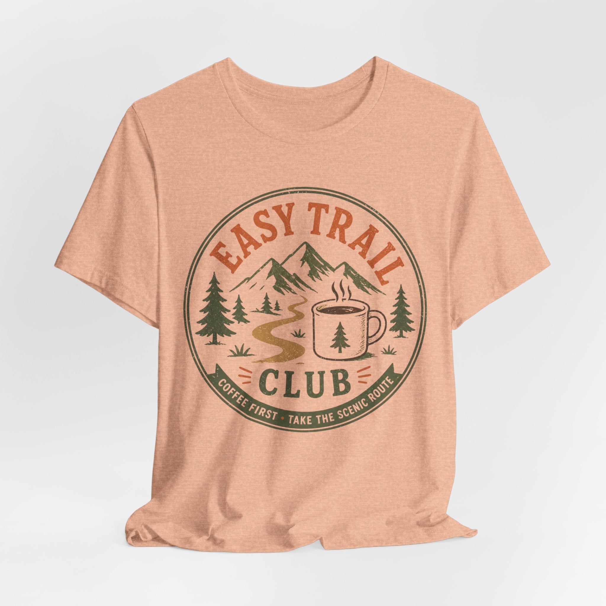 Person wearing Easy Trail Club coffee hiking shirt outdoor lifestyle