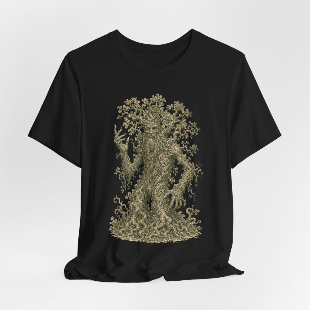 Ancient Treant T-Shirt in Black - intricate green engraving forest guardian graphic tee, Barely Outdoorsy Bella Canvas 3001