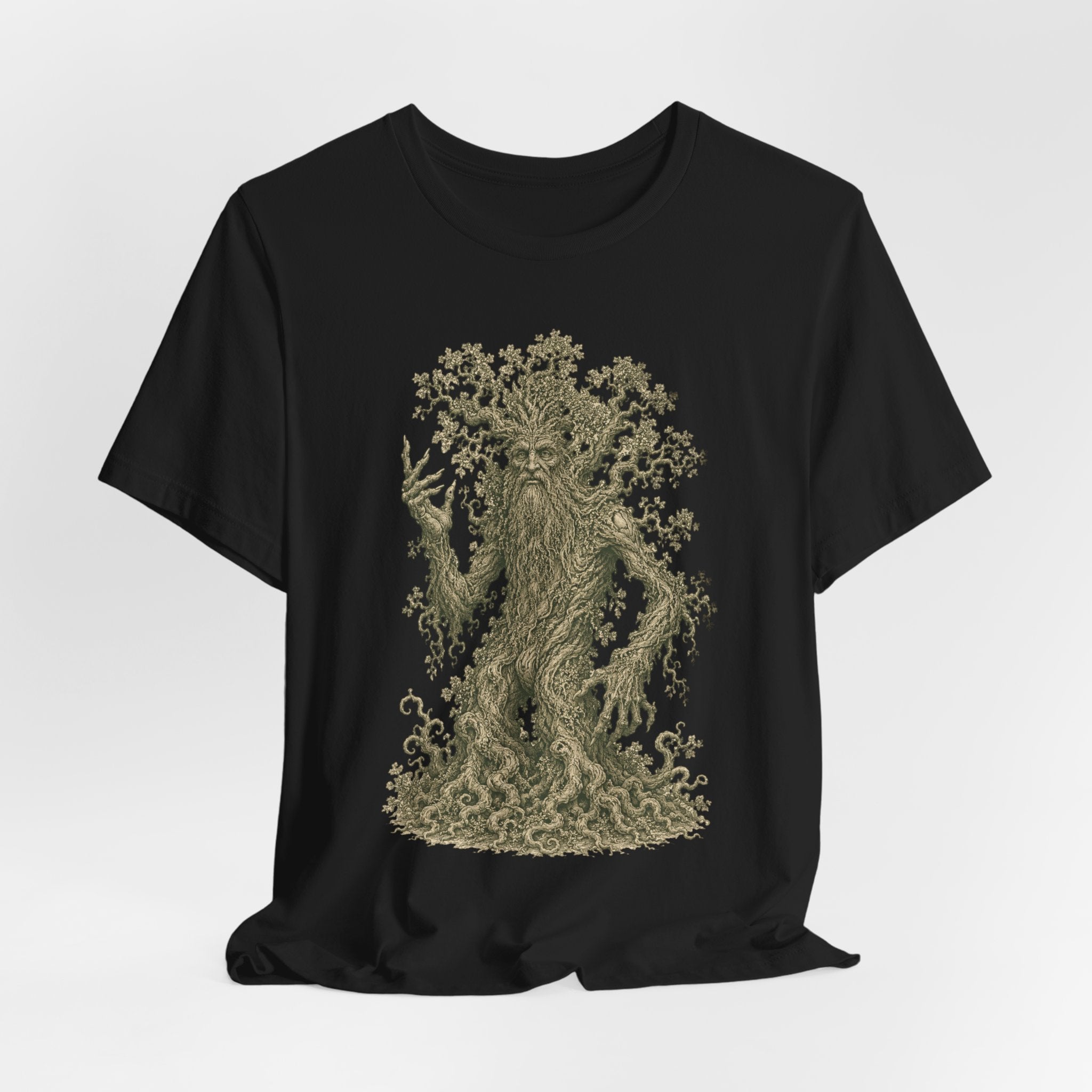 Ancient Treant T-Shirt in Black - intricate green engraving forest guardian graphic tee, Barely Outdoorsy Bella Canvas 3001