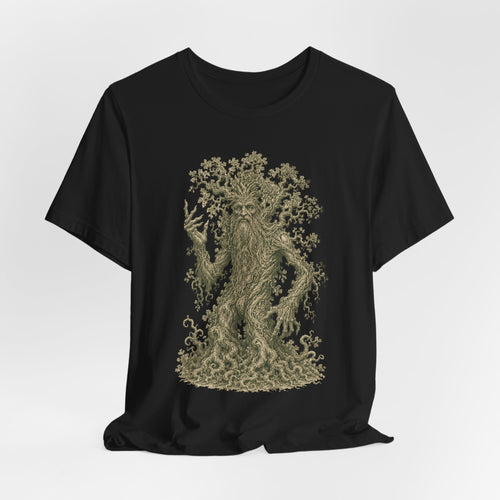 Ancient Treant T-Shirt in Black - intricate green engraving forest guardian graphic tee, Barely Outdoorsy Bella Canvas 3001