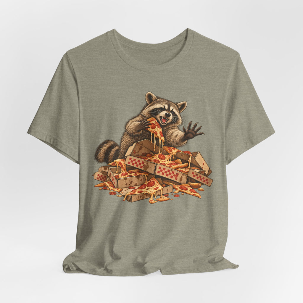 Feral Pizza Raccoon T-Shirt in Heather Yellow Gold - funny goblincore feral pizza raccoon humor graphic tee, Barely Outdoorsy