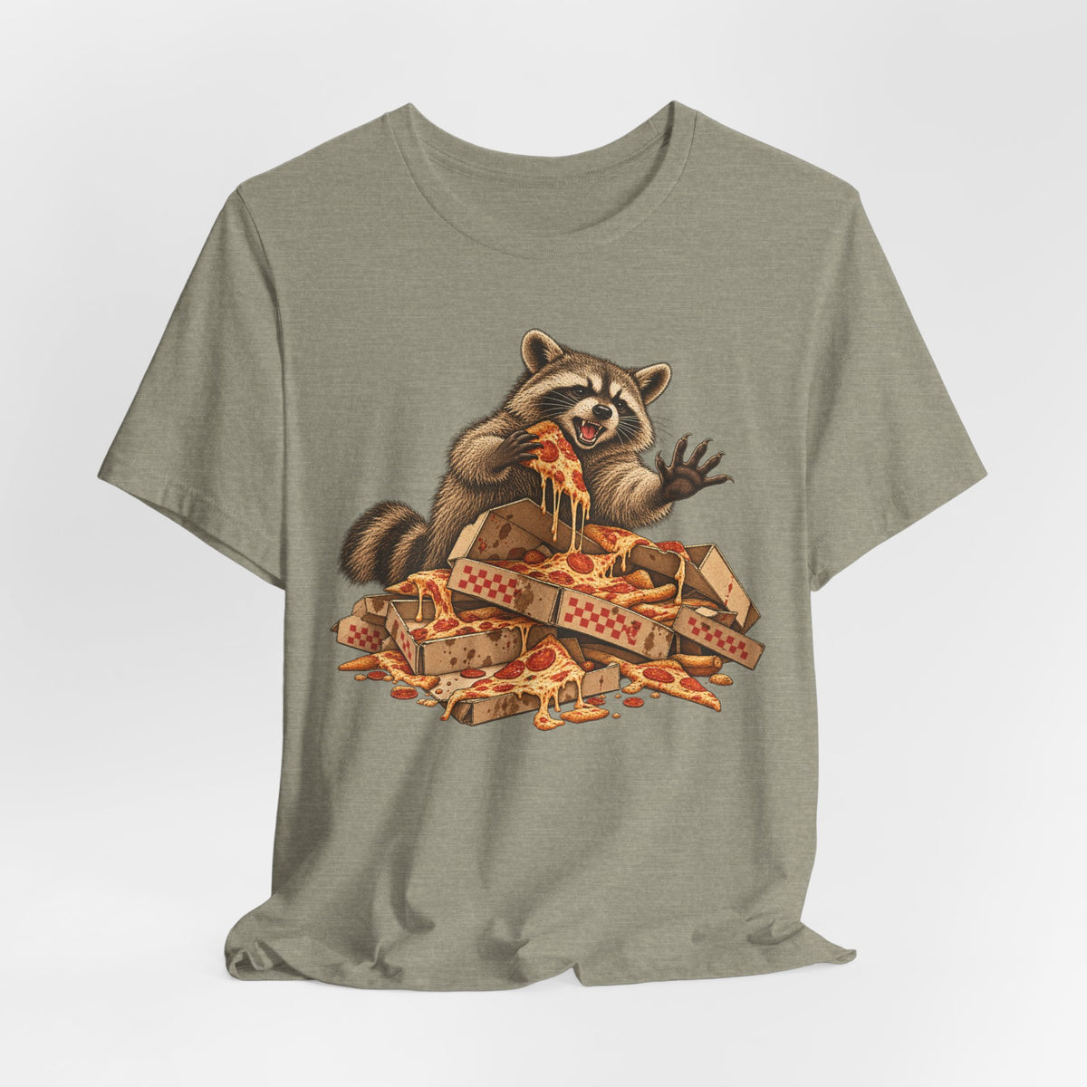 Feral Pizza Raccoon T-Shirt in Heather Yellow Gold - funny goblincore feral pizza raccoon humor graphic tee, Barely Outdoorsy