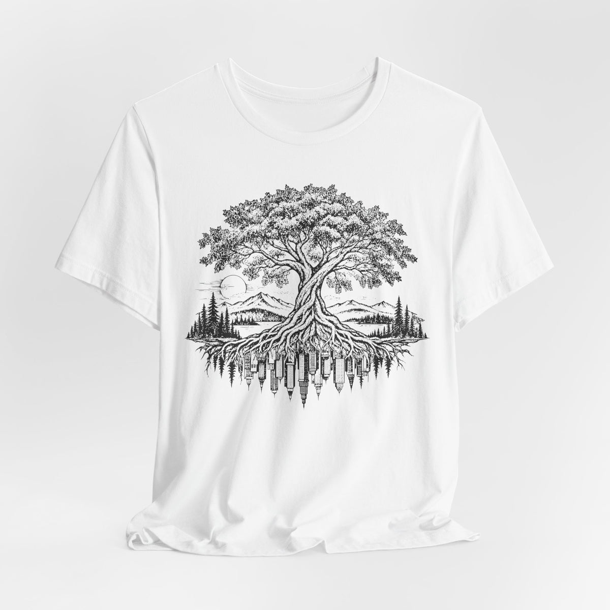Urban Roots Tree Tee in Heather Ice Blue - botanical tree roots shirt, Barely Outdoorsy Bella Canvas 3001