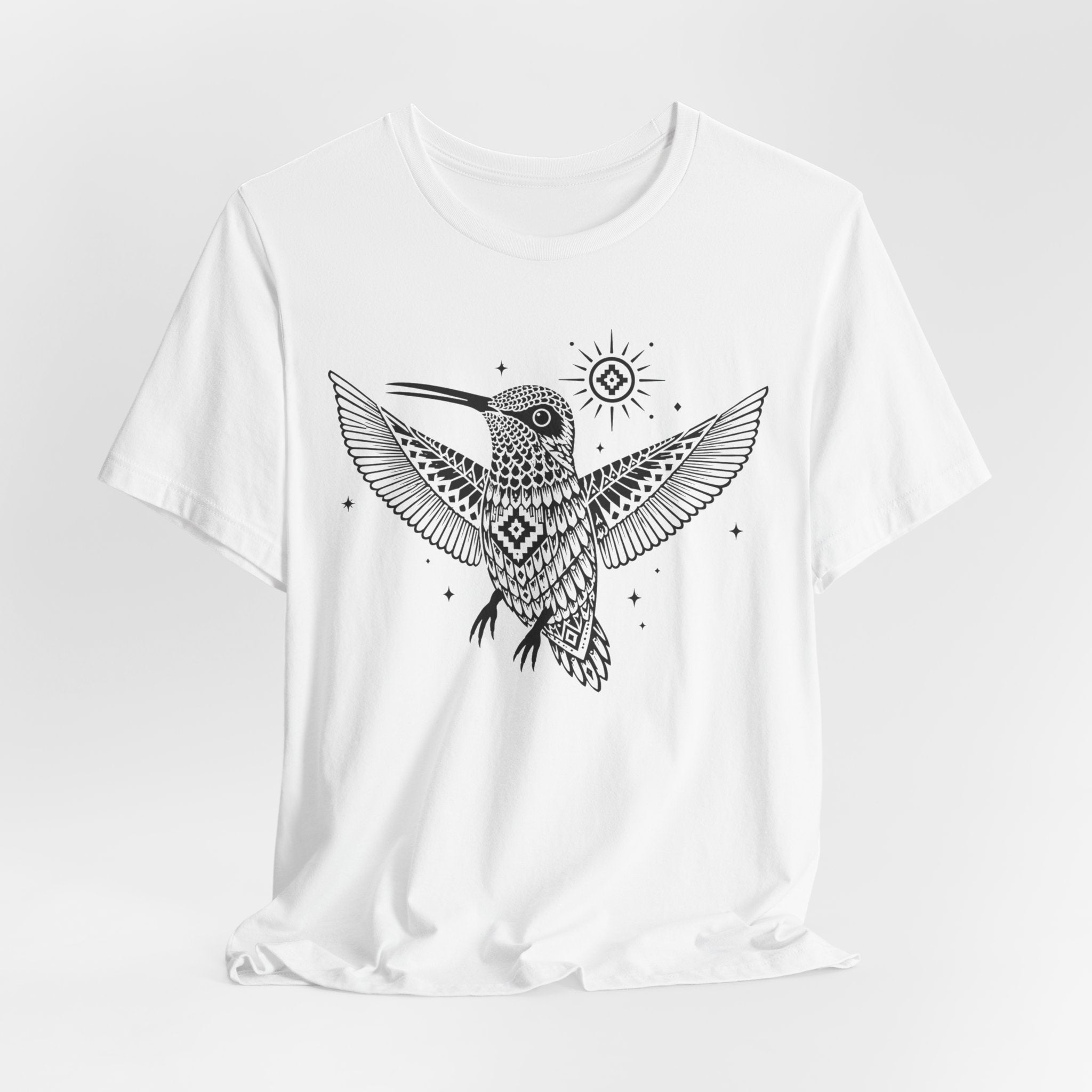 Southwest Geometric Hummingbird Mandala T-Shirt in Athletic Heather - bold geometric hummingbird mandala graphic tee, Barely Outdoorsy Bella Canvas 3001