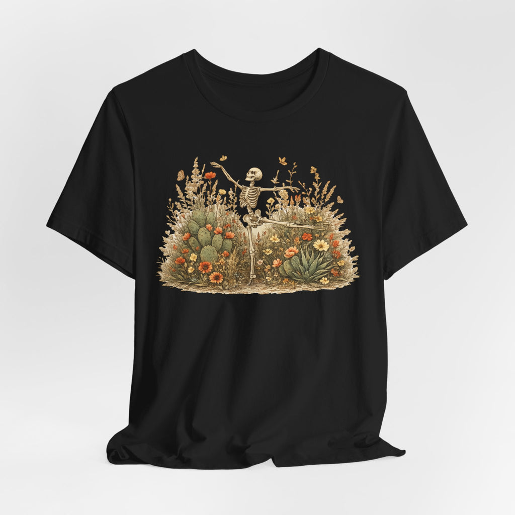 Dancing Skeleton Desert Wildflower T-Shirt in Heather Peach - boho skeleton wildflower desert graphic tee, Barely Outdoorsy Bella Canvas 3001