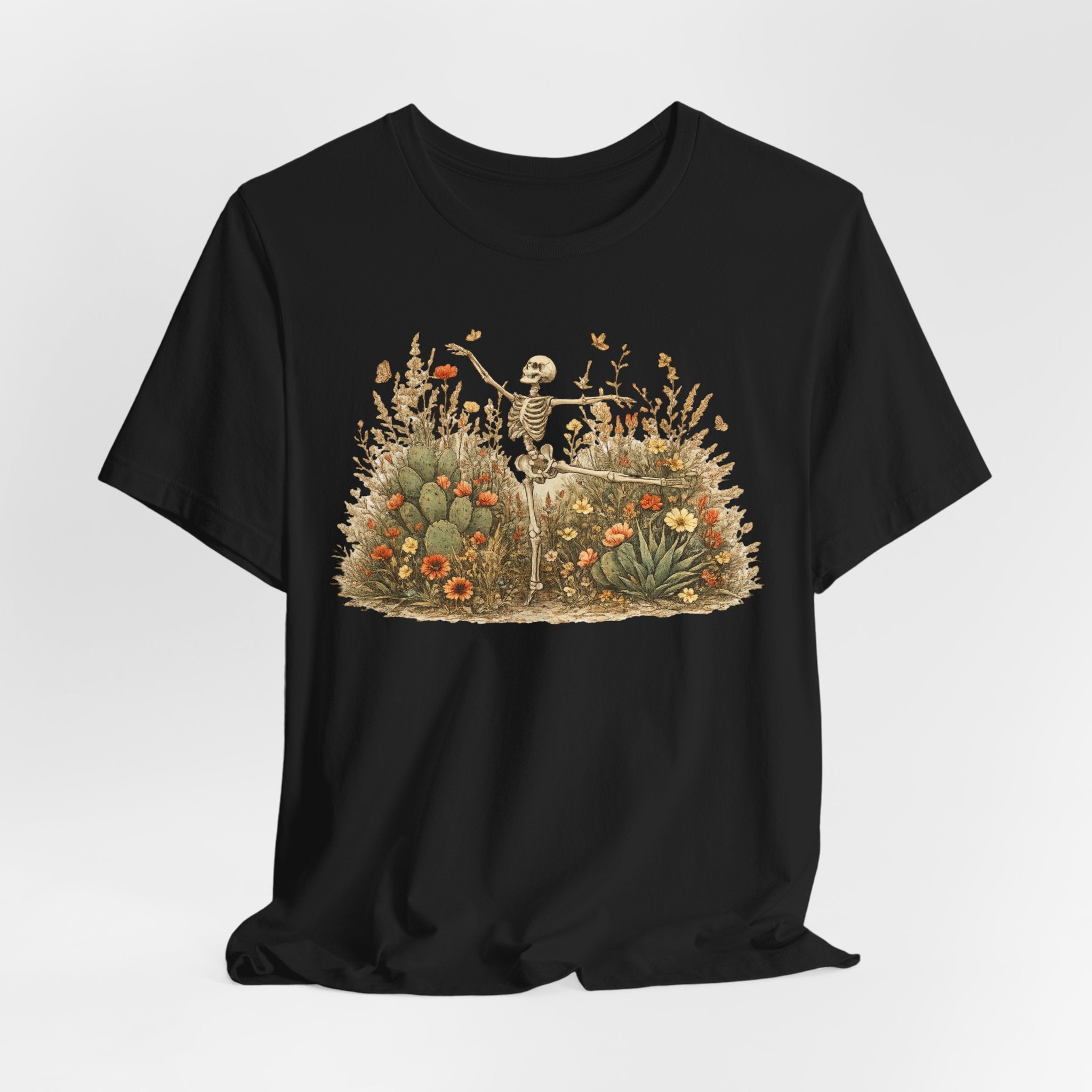 Dancing Skeleton Desert Wildflower T-Shirt in Heather Peach - boho skeleton wildflower desert graphic tee, Barely Outdoorsy Bella Canvas 3001