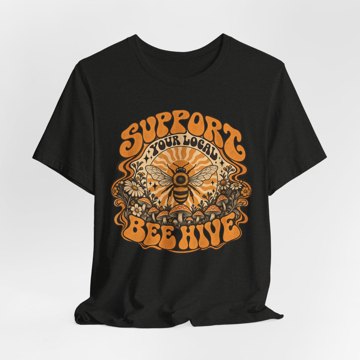 Support Your Local Bee Hive Tee in Heather Dusty Blue - bee hive sunburst wildflower shirt, Barely Outdoorsy Bella Canvas 3001