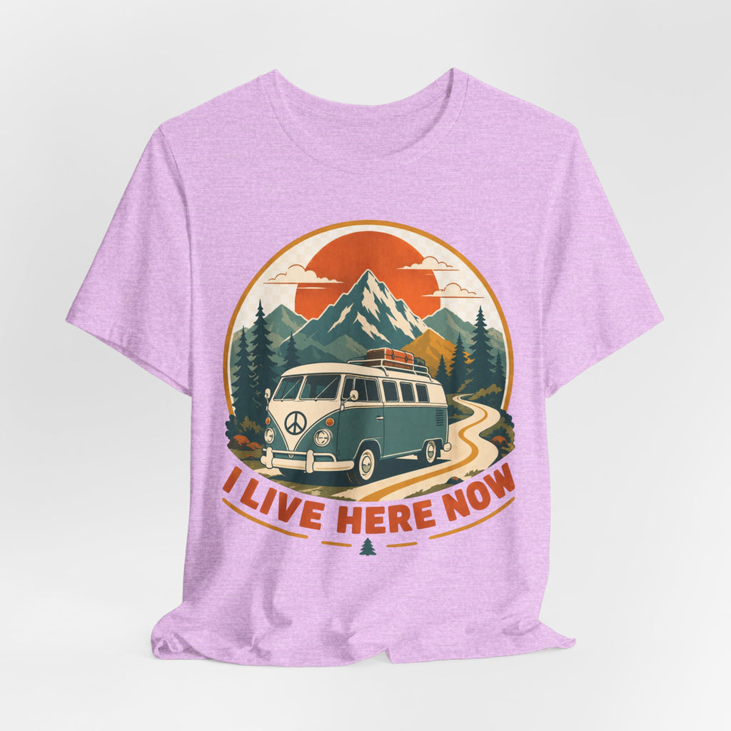 I Live Here Now T-Shirt in Heather Prism Lilac - retro van life mountain graphic tee, Barely Outdoorsy
