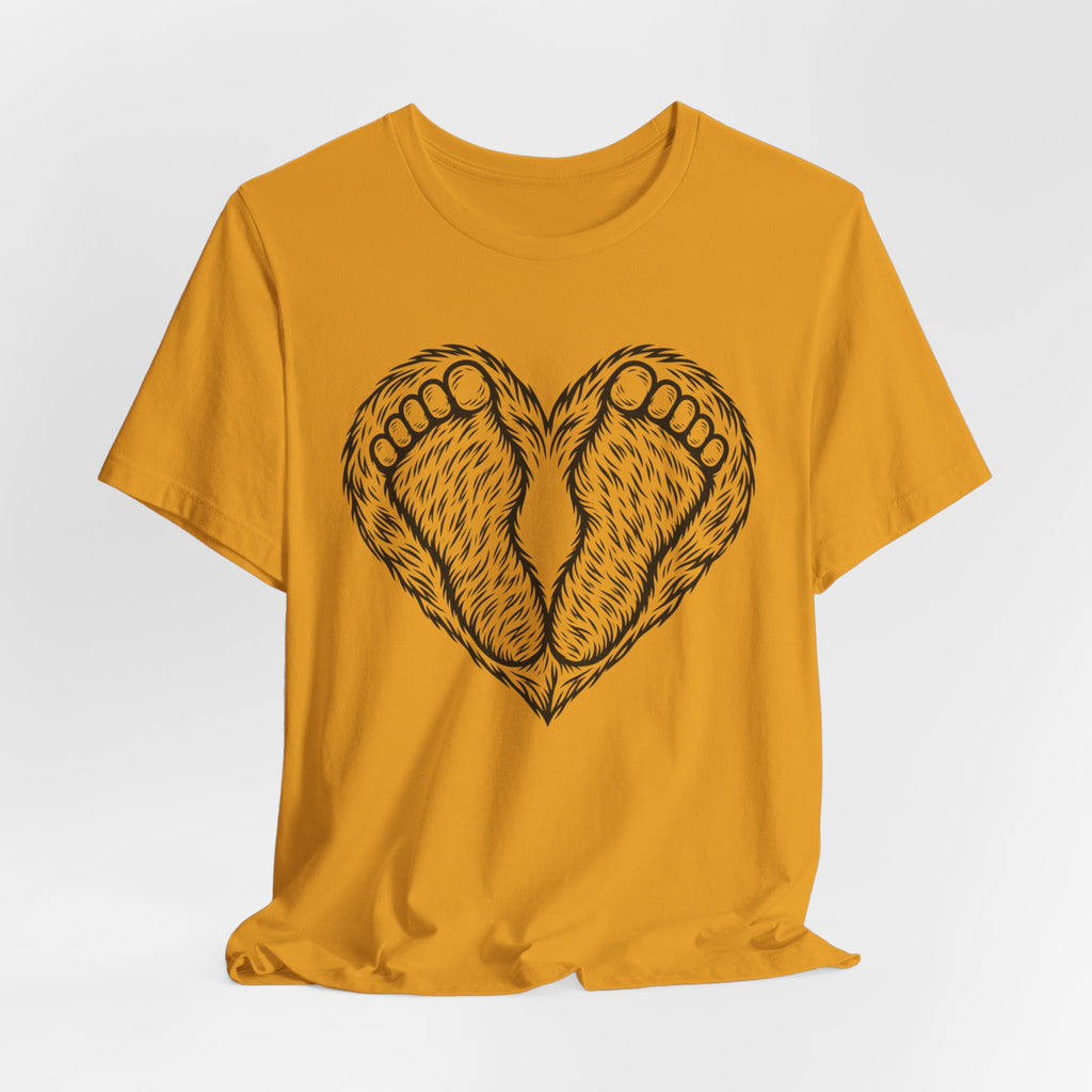 Bigfoot Feet Heart T-Shirt in Heather Peach - funny Bigfoot heart graphic tee, Barely Outdoorsy Bella Canvas