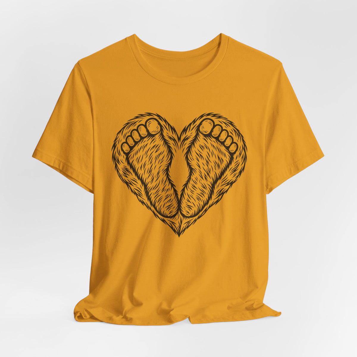 Bigfoot Feet Heart T-Shirt in Heather Peach - funny Bigfoot heart graphic tee, Barely Outdoorsy Bella Canvas