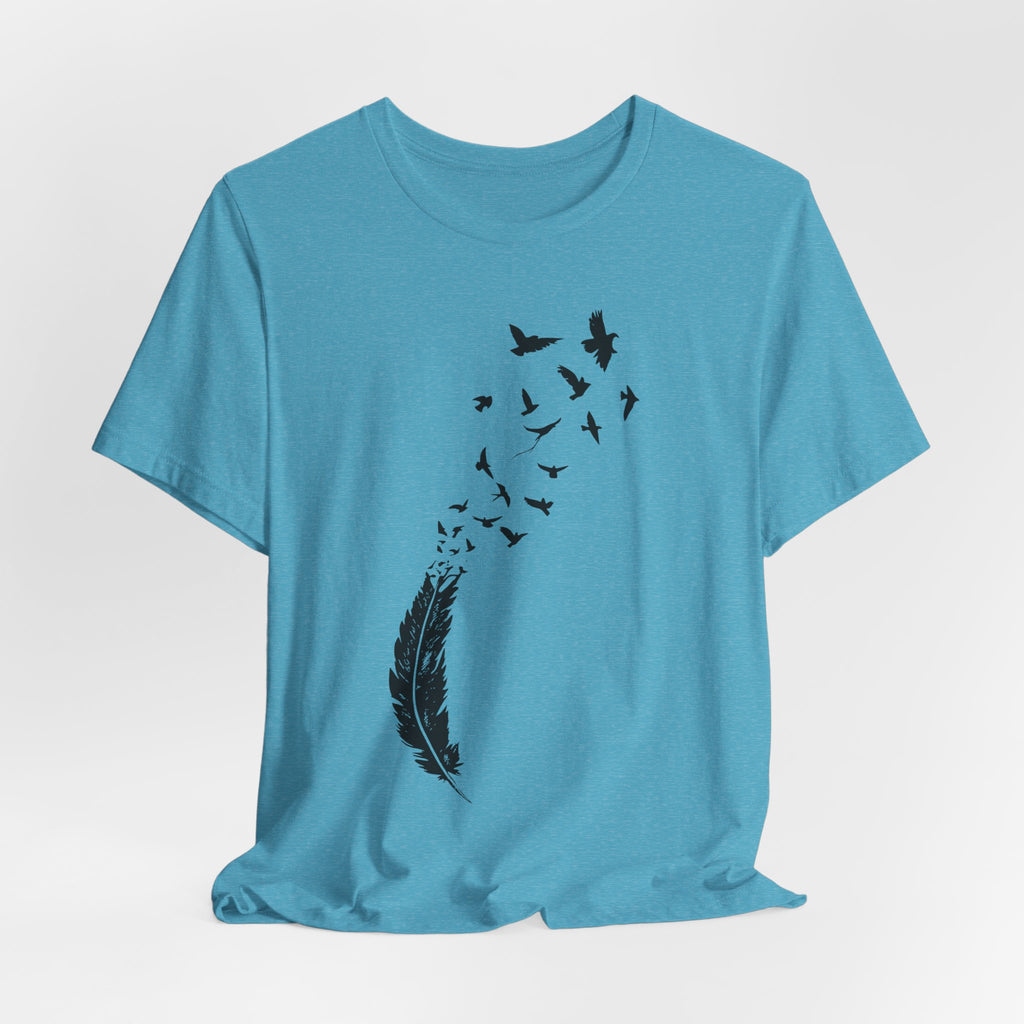 Feather Into Birds T-Shirt in White - minimalist feather dissolving into birds silhouette graphic tee, Barely Outdoorsy Bella Canvas 3001