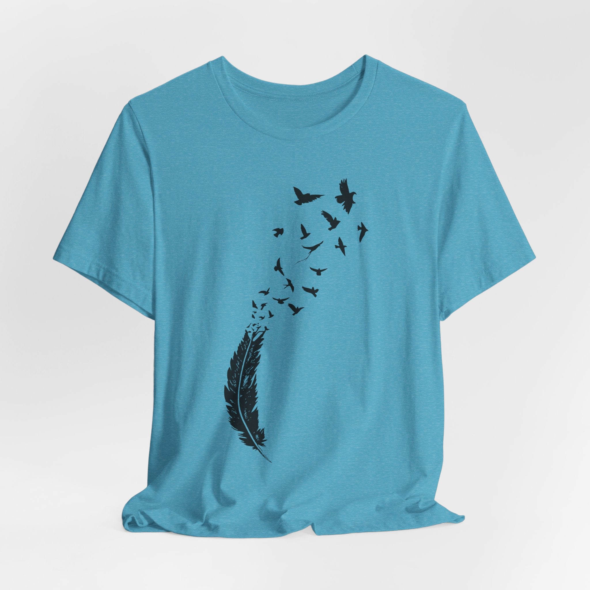 Feather Into Birds T-Shirt in White - minimalist feather dissolving into birds silhouette graphic tee, Barely Outdoorsy Bella Canvas 3001