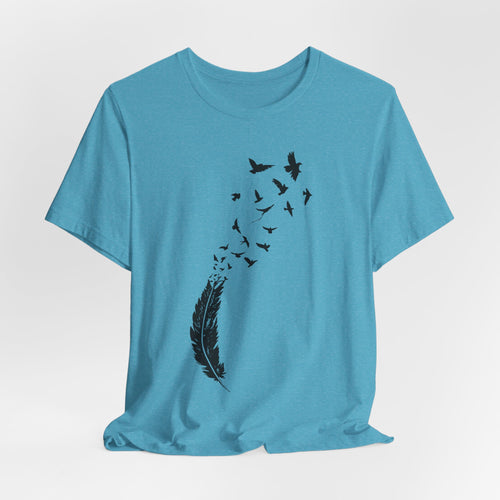 Feather Into Birds T-Shirt in White - minimalist feather dissolving into birds silhouette graphic tee, Barely Outdoorsy Bella Canvas 3001