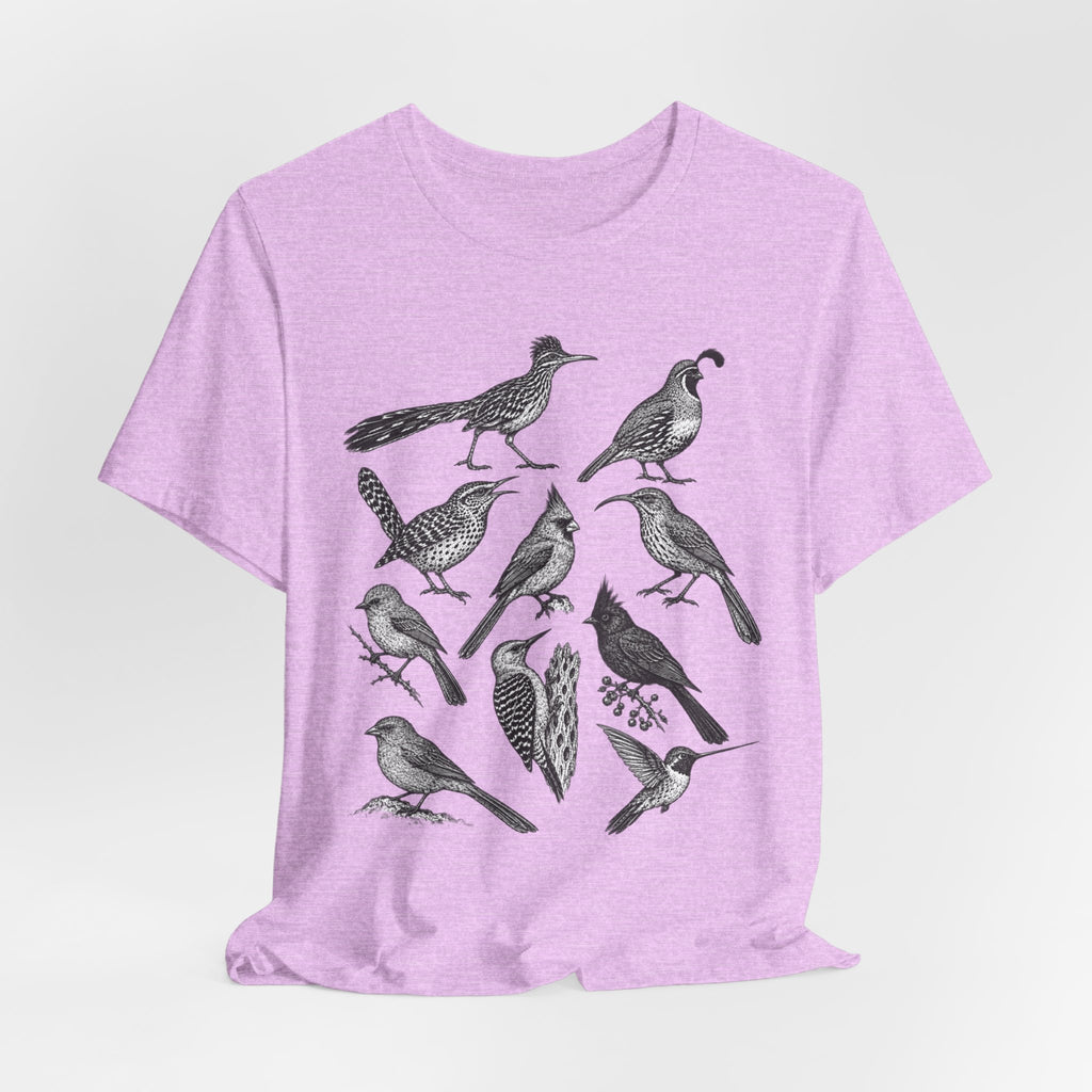 Desert Birds Field Guide T-Shirt in White detail - vintage naturalist desert birds close-up graphic