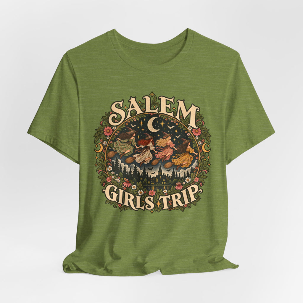 Salem Girls Trip Witch T-Shirt in Heather Sunset - funny Salem coven Halloween graphic tee, Barely Outdoorsy