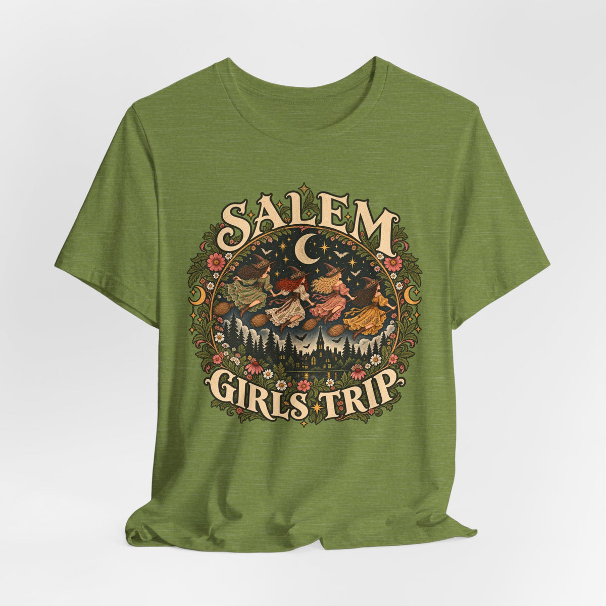 Salem Girls Trip Witch T-Shirt in Heather Sunset - funny Salem coven Halloween graphic tee, Barely Outdoorsy