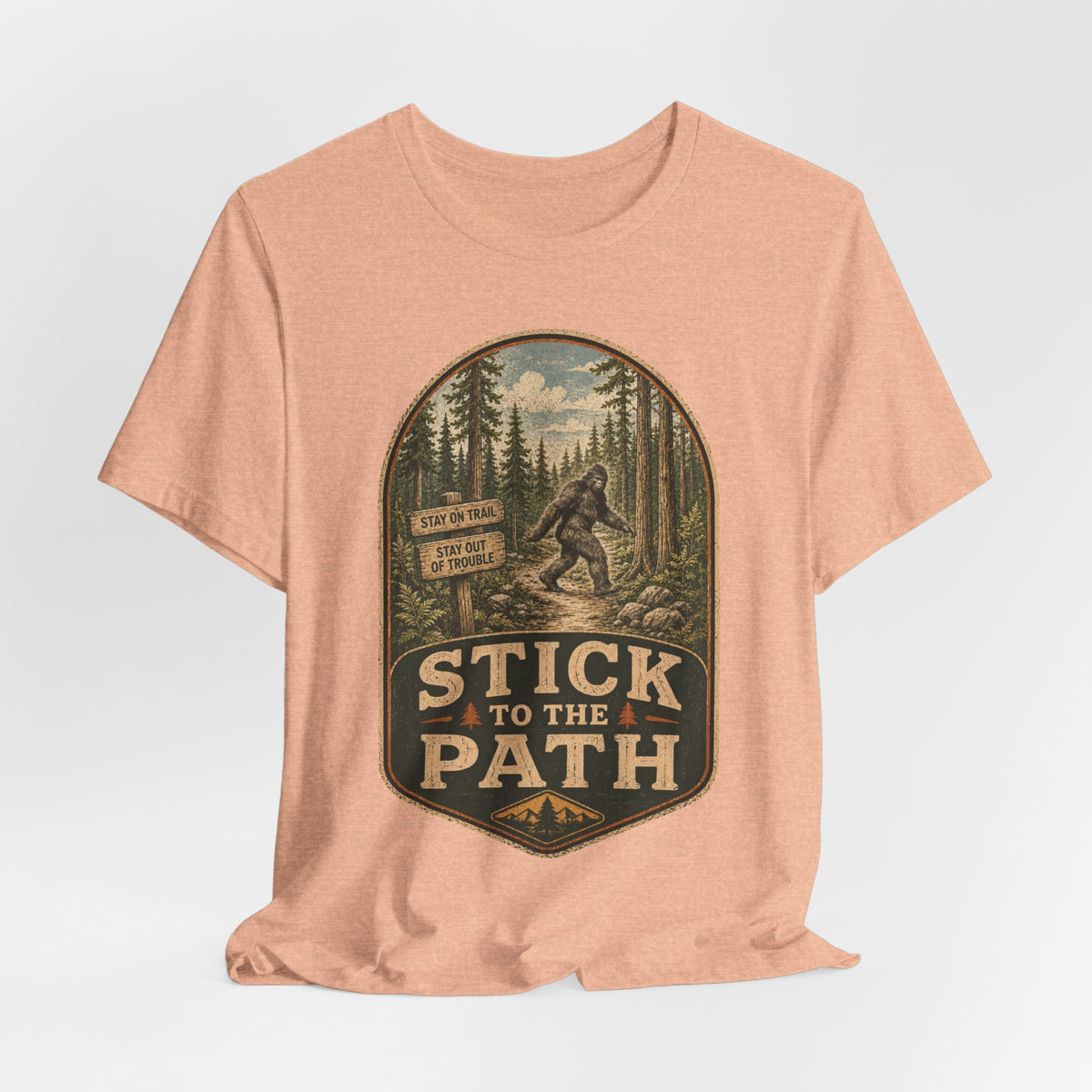 Stick To The Path Bigfoot Tee in Heather True Royal - funny Sasquatch trail hiking shirt, Barely Outdoorsy