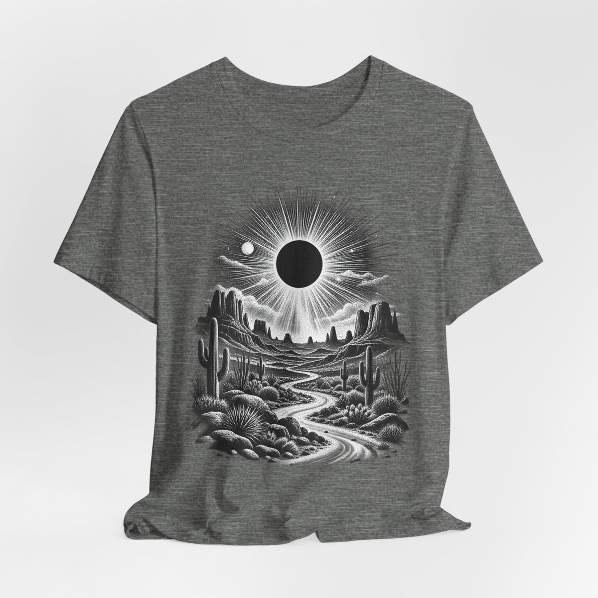 Desert Solar Eclipse T-Shirt in Heather Team Purple - Southwest desert solar eclipse celestial graphic tee, Barely Outdoorsy