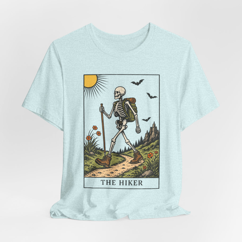 The Hiker Tarot Card T-Shirt in Dark Grey Heather detail - tarot card skeleton hiker close-up graphic