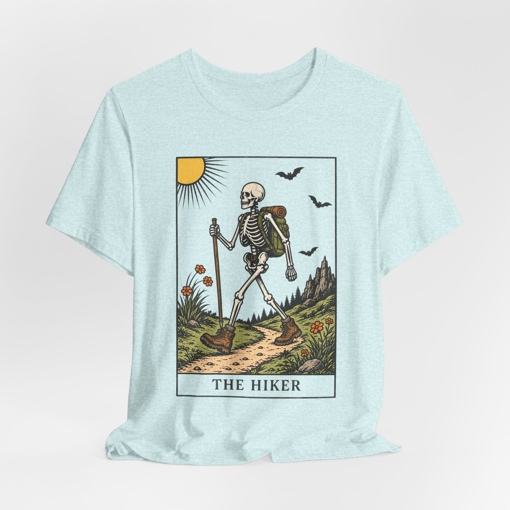 The Hiker Tarot Card T-Shirt in Dark Grey Heather detail - tarot card skeleton hiker close-up graphic