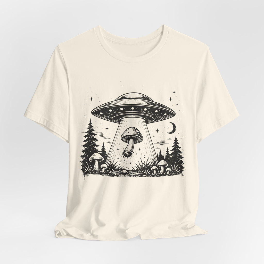 UFO Mushroom Abduction T-Shirt in Athletic Heather - funny alien UFO mushroom abduction graphic tee, Barely Outdoorsy Bella Canvas 3001