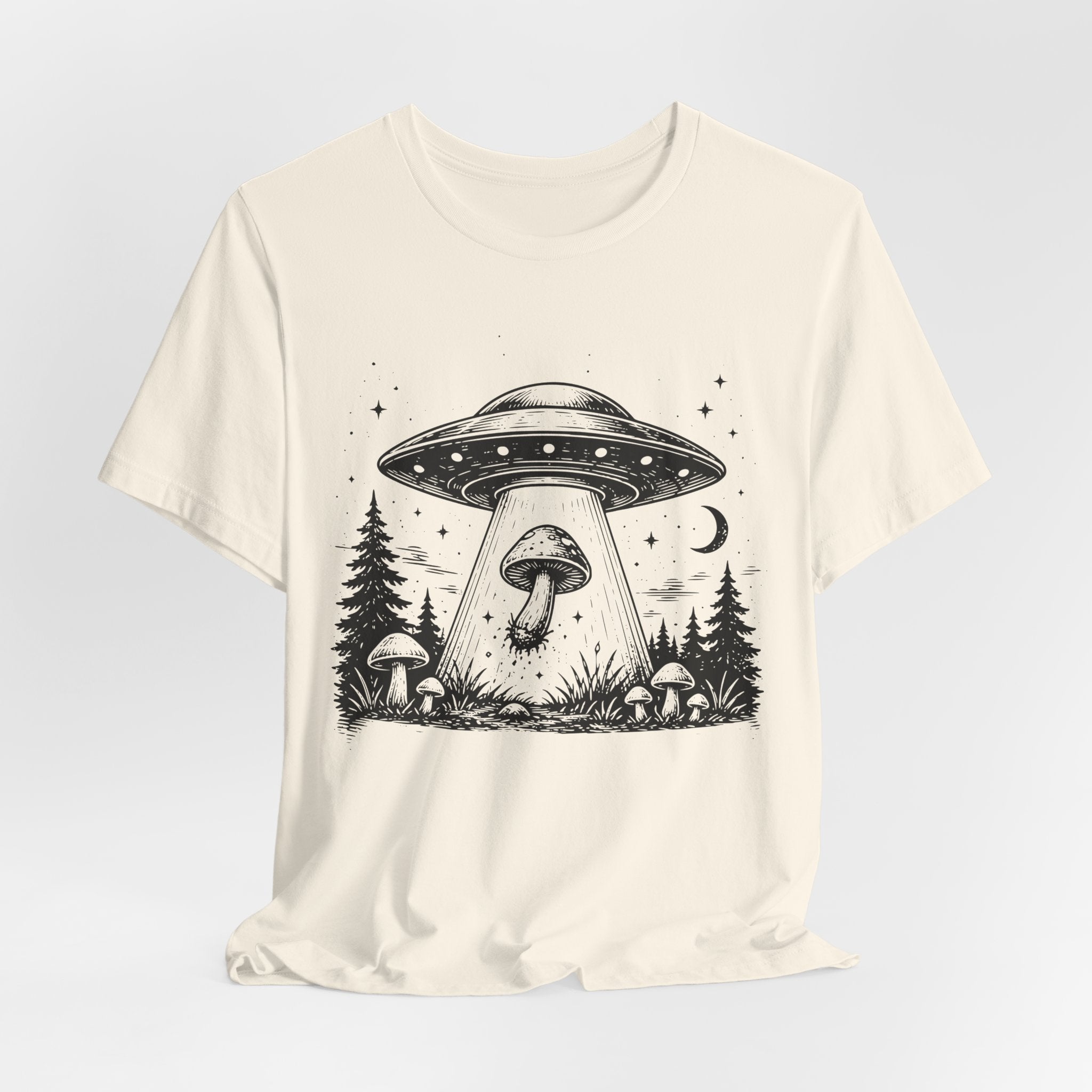 UFO Mushroom Abduction T-Shirt in Athletic Heather - funny alien UFO mushroom abduction graphic tee, Barely Outdoorsy Bella Canvas 3001