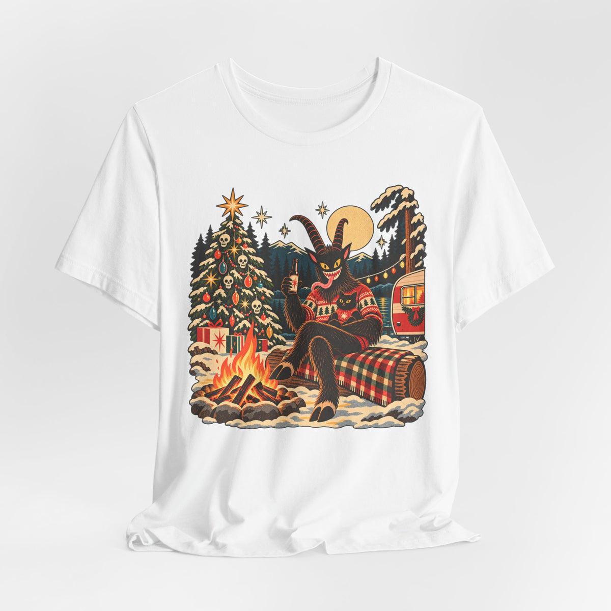 Krampus Campfire Christmas T-Shirt in Heather Green - funny dark Krampus campfire Christmas holiday graphic tee, Barely Outdoorsy