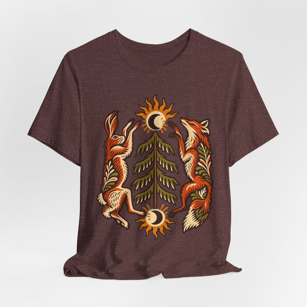 Fox and Hare Folk Art T-Shirt in Heather Autumn - folk art fox and hare woodland wildlife graphic tee, Barely Outdoorsy