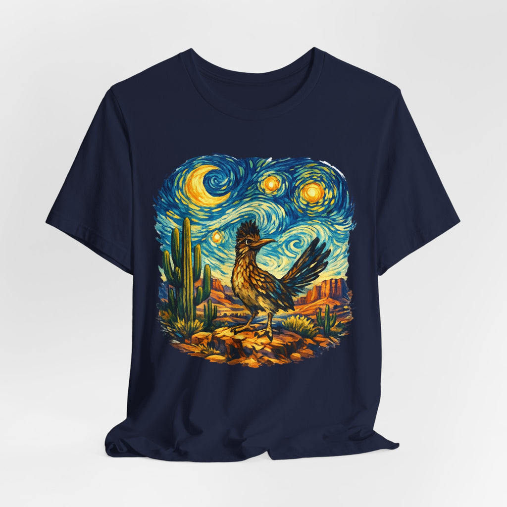 Starry Night Roadrunner Tee in Navy - impressionist swirling night sky roadrunner shirt, Barely Outdoorsy Bella Canvas 3001