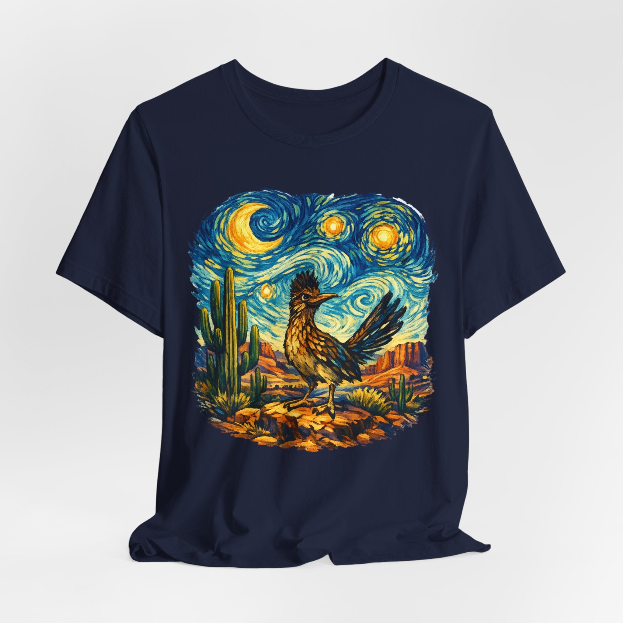 Starry Night Roadrunner Tee in Navy - impressionist swirling night sky roadrunner shirt, Barely Outdoorsy Bella Canvas 3001