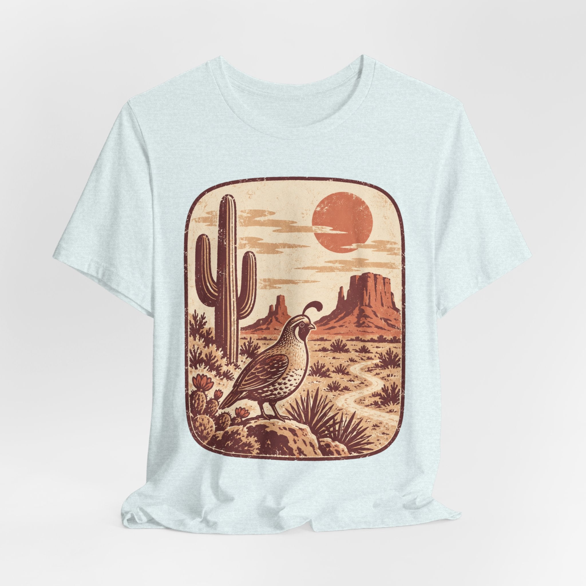 Gambel's Quail Desert Sunset T-Shirt in Heather True Royal detail - quail desert sunset close-up graphic