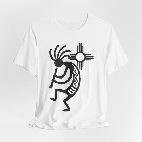 White unisex t-shirt with bold black Kokopelli flute player and Zia sun symbol Southwest Native American graphic, Bella Canvas 3001