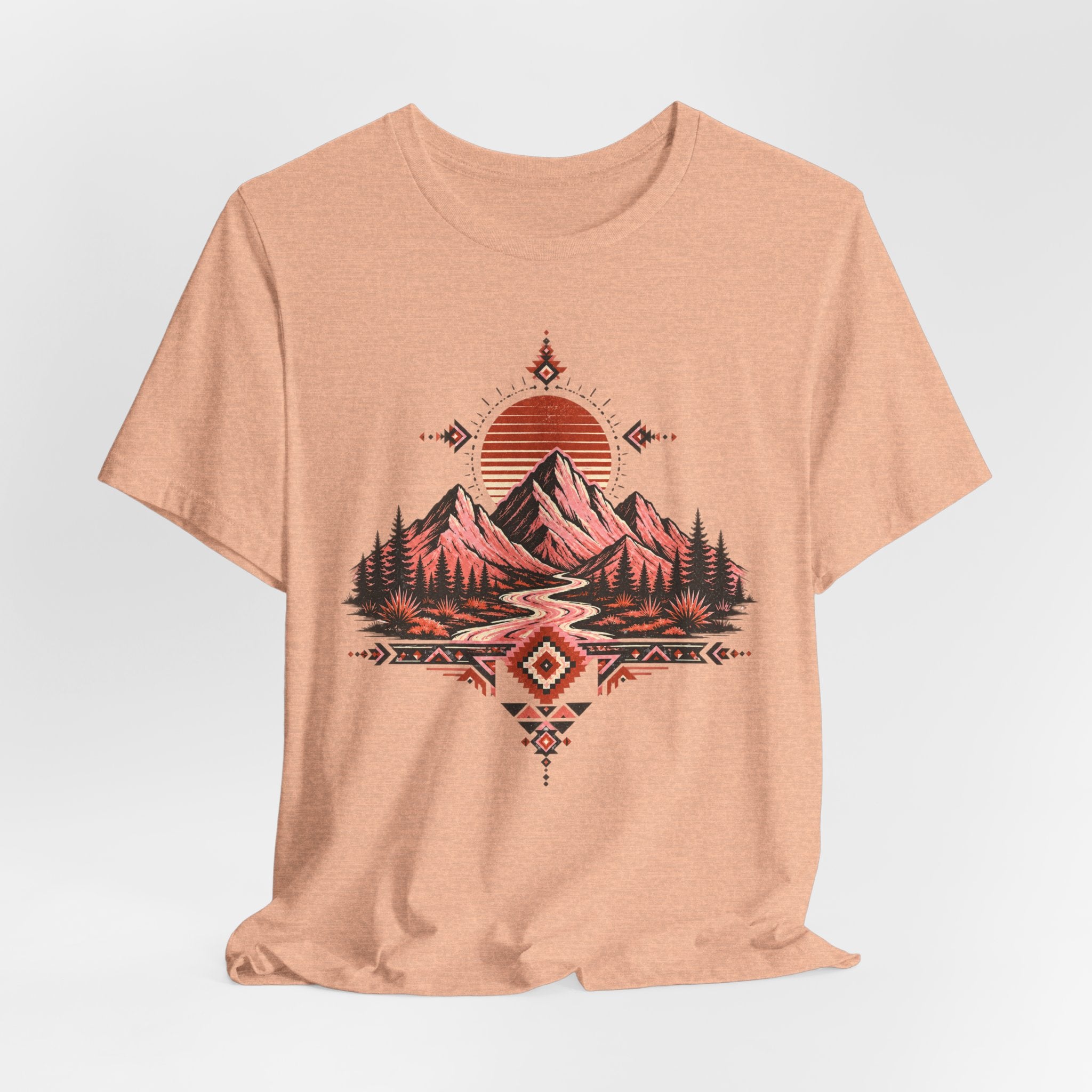 Southwest Mountain Sunset Tee in Heather Peach - desert sunset mesa silhouette shirt, Barely Outdoorsy Bella Canvas 3001