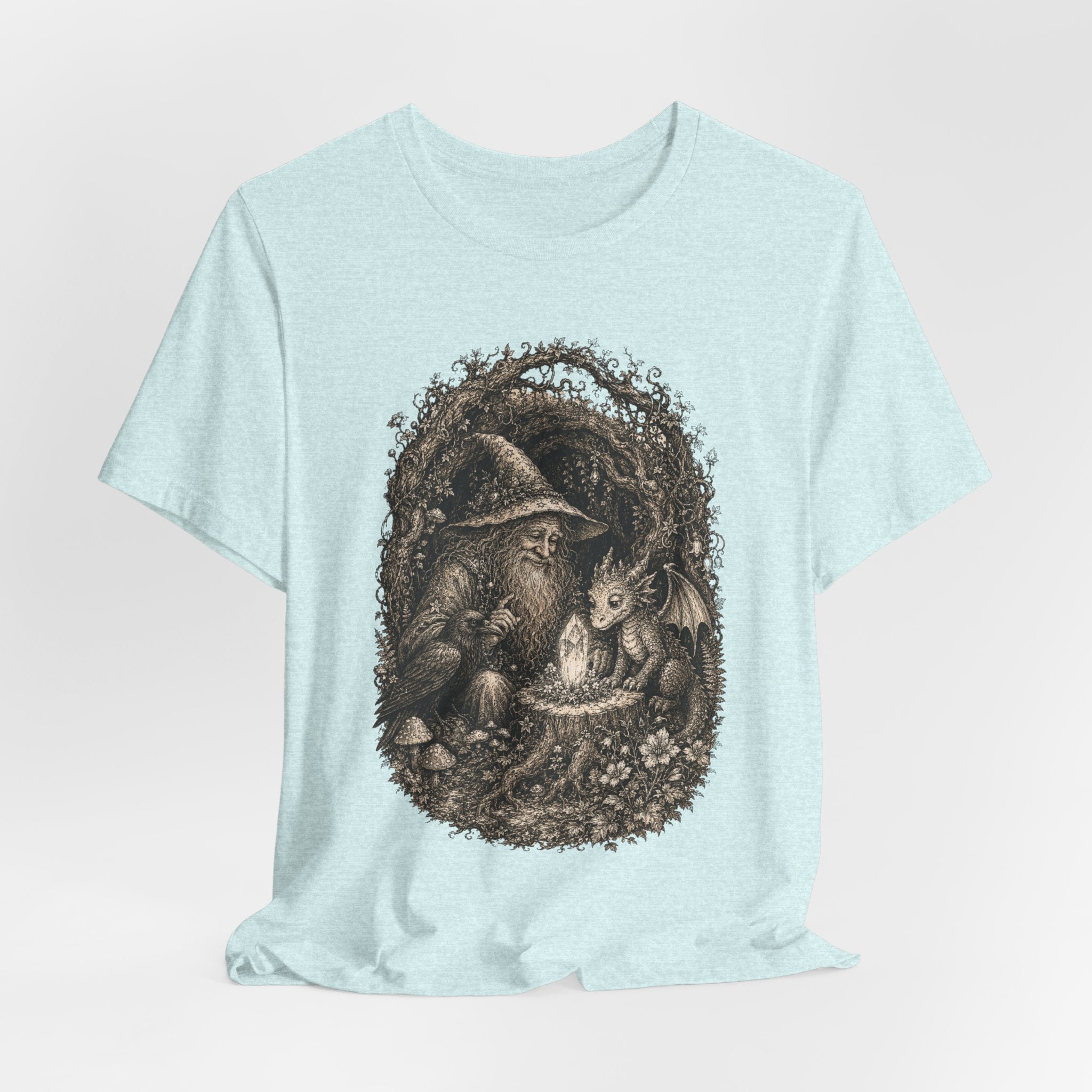Wizard and Dragon T-Shirt in Black Heather - painterly wizard dragon fantasy graphic tee, Barely Outdoorsy