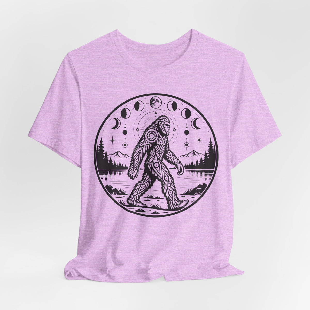 Bigfoot Moon Phases T-Shirt in Pink detail - boho Sasquatch moon phases close-up graphic