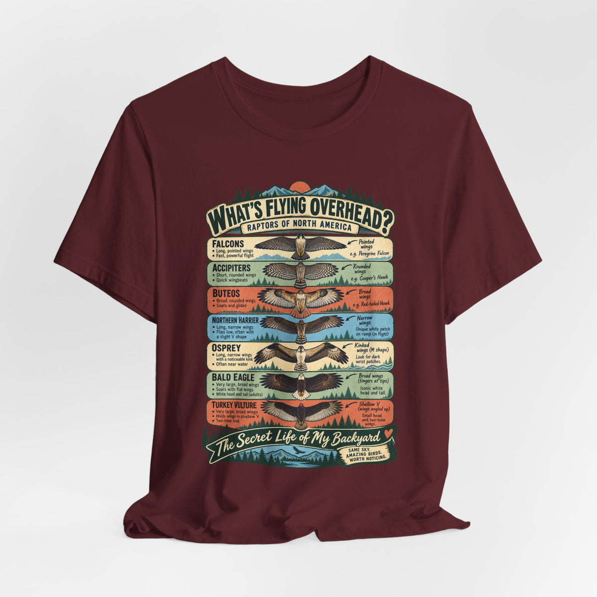 Raptors of North America Identification Tee in White worn shot - birding raptors field guide shirt, Barely Outdoorsy