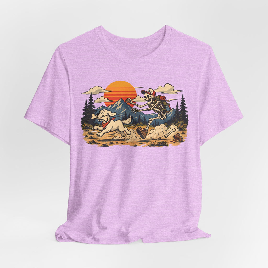 Skeleton Hiker Playing Fetch Tee in Heather Peach - funny skeleton dog hiking shirt, Barely Outdoorsy Bella Canvas