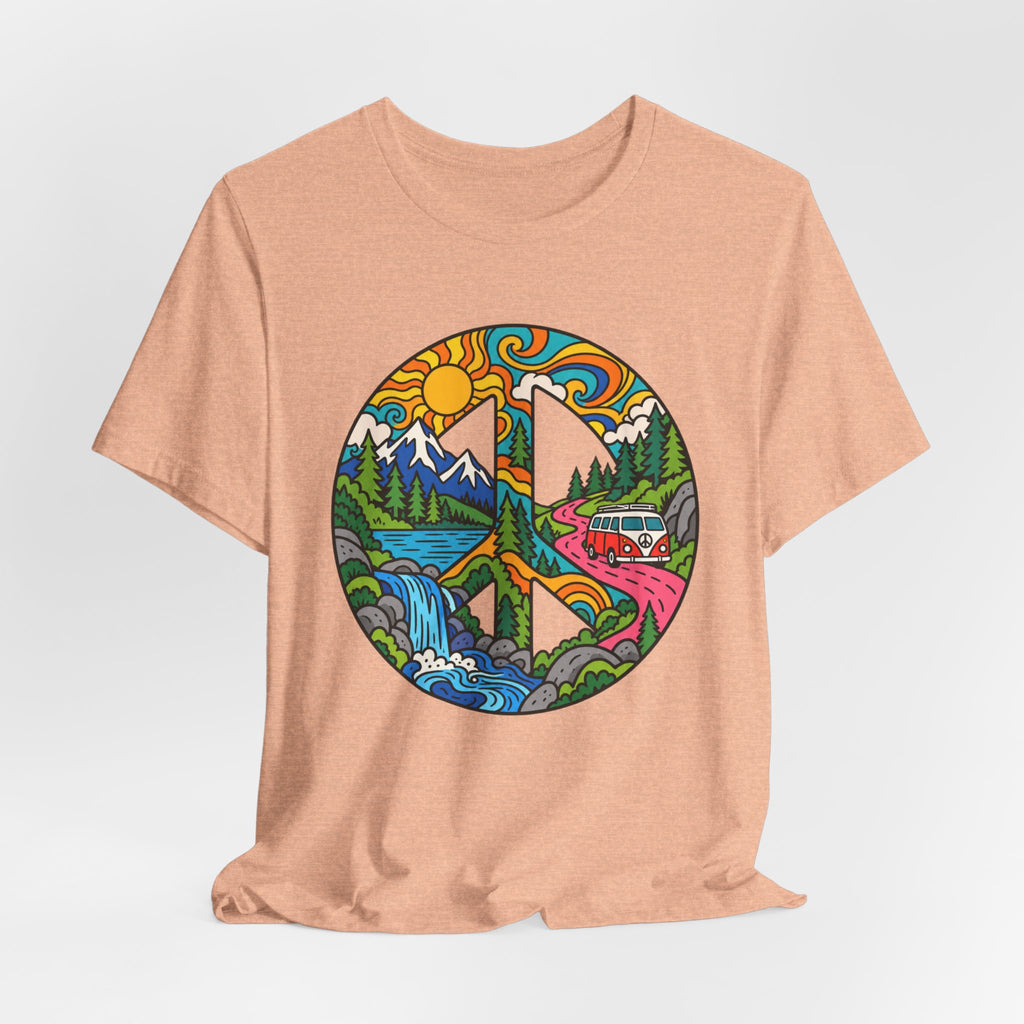 Peace Sign Mountain Van T-Shirt in Heather Peach - retro van life mountain graphic tee, Barely Outdoorsy