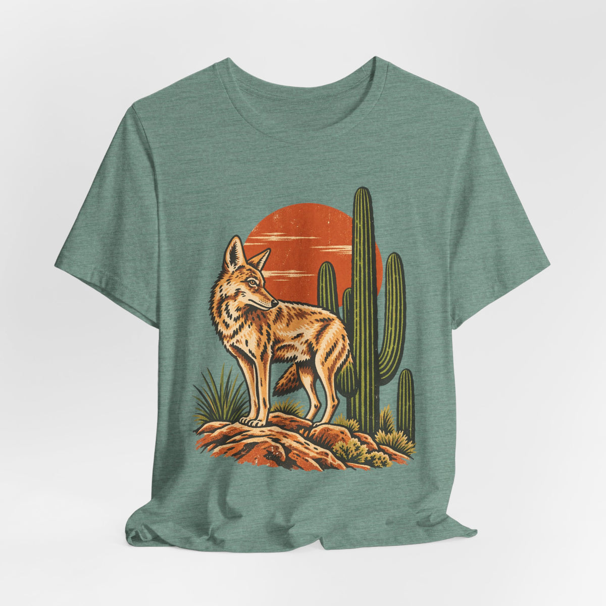 Arizona Coyote Saguaro T-Shirt in White - Arizona desert coyote saguaro Southwest graphic tee, Barely Outdoorsy