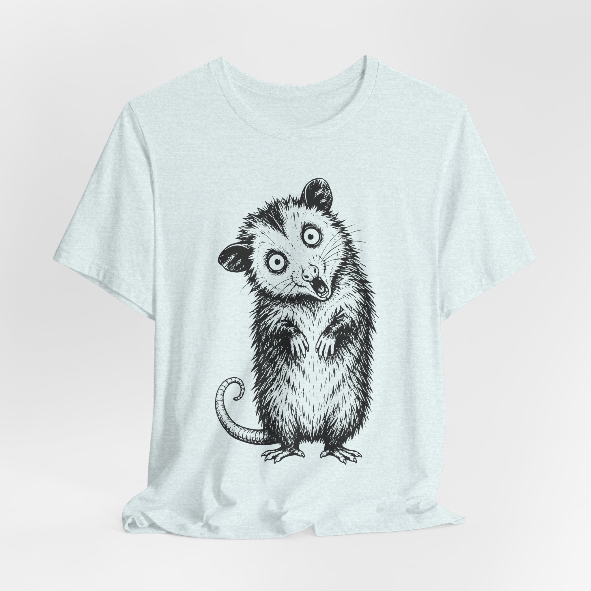 Unhinged Opossum T-Shirt flat lay Athletic Heather - unisex crew neck possum humor graphic tee, Barely Outdoorsy