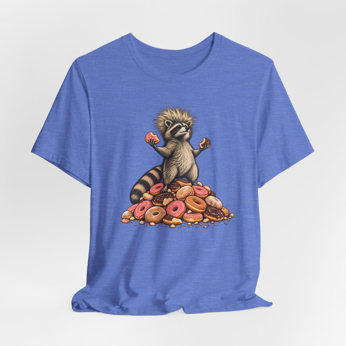 Donut King Raccoon T-Shirt in Heather Columbia Blue - funny goblincore donut king raccoon humor graphic tee, Barely Outdoorsy