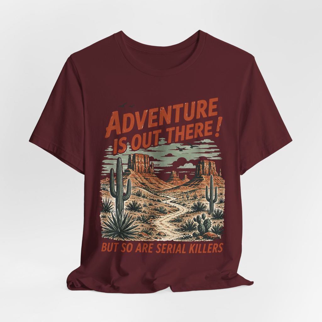 Adventure Is Out There Serial Killers Tee in Navy detail - funny outdoor dark humor close-up graphic, Barely Outdoorsy Bella Canvas 3001