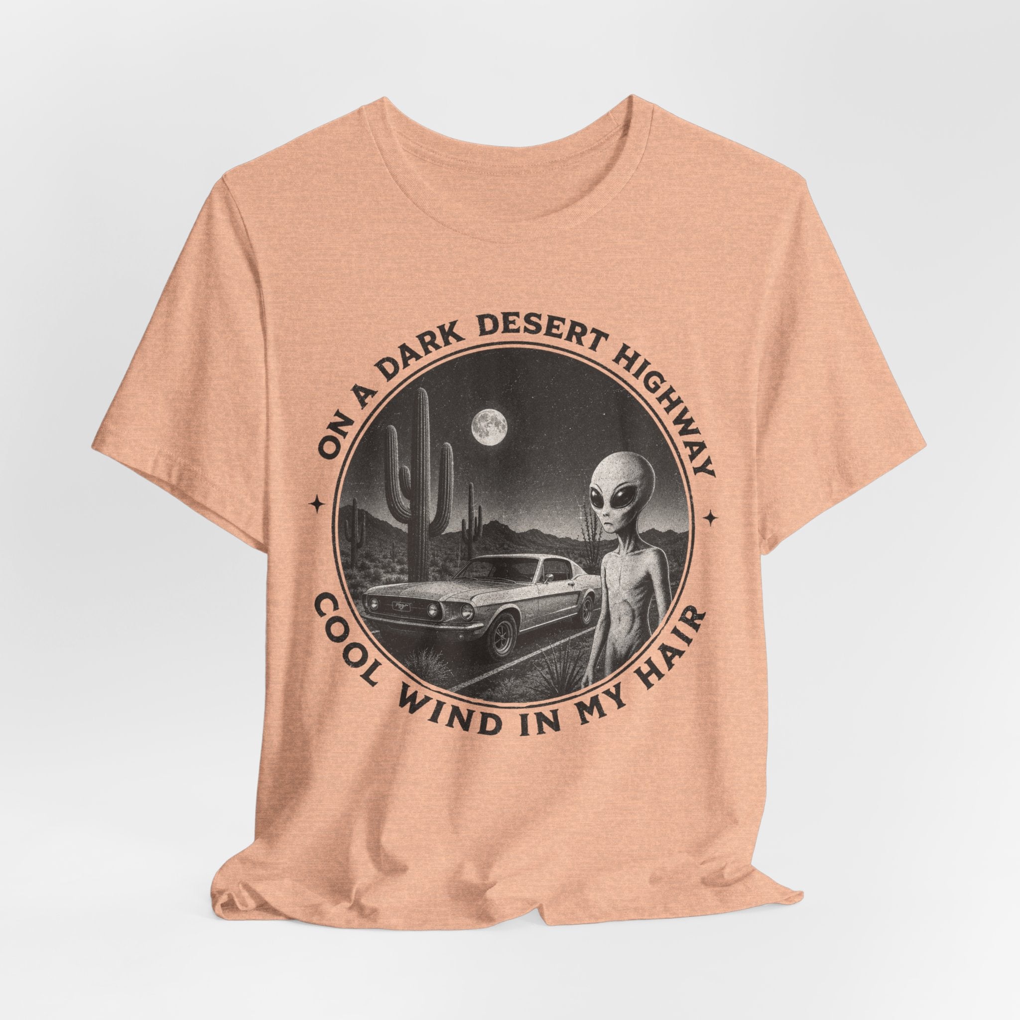 Dark Desert Highway alien Mustang desert night t-shirt graphic tee BarelyOutdoorsy