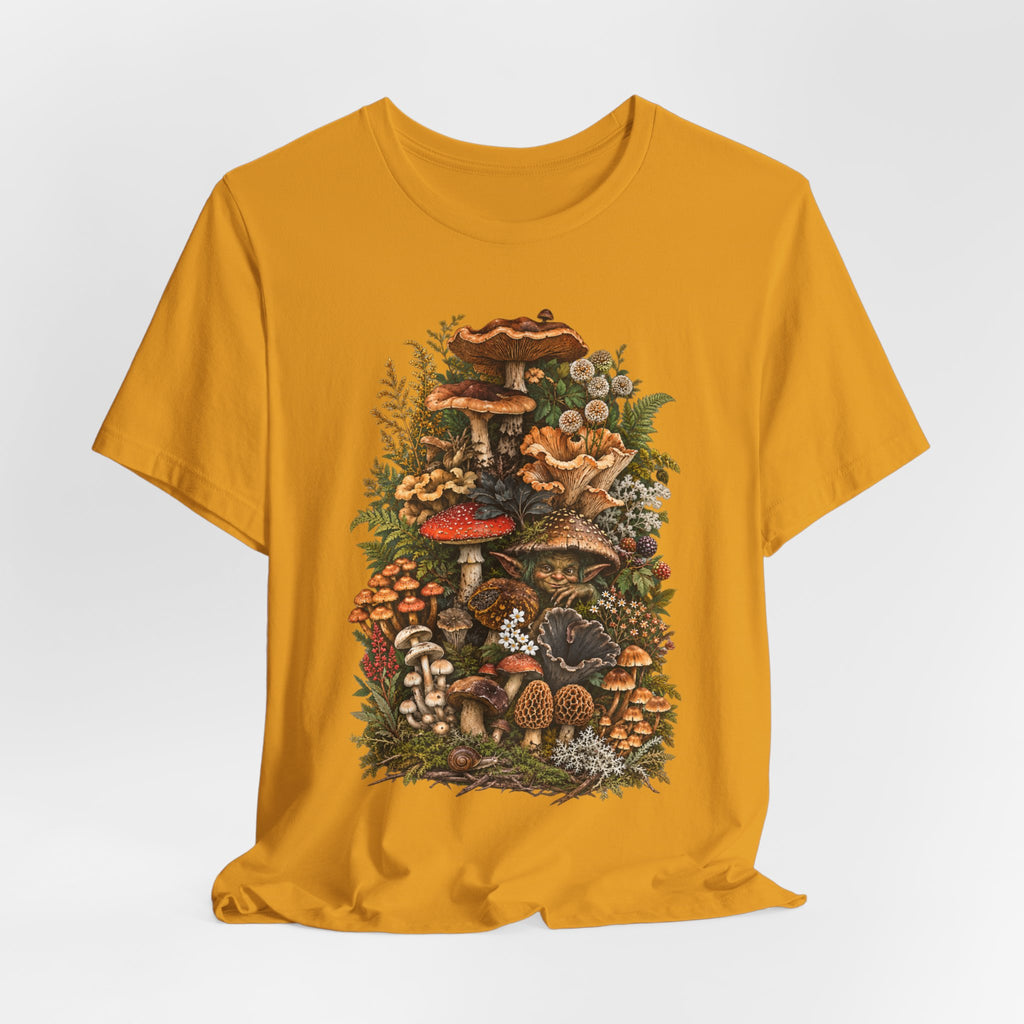 Mushroom Goblin Botanical Forager Tee in Maroon - funny goblin mushroom forager shirt, Barely Outdoorsy