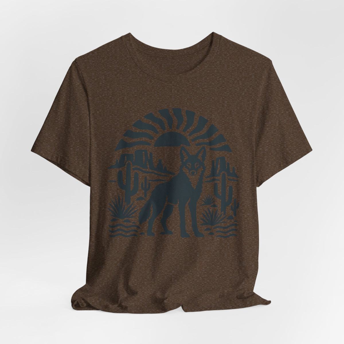 Desert Coyote Minimalist Southwest T-Shirt in Heather Stone - minimalist Southwest desert coyote cactus graphic tee, Barely Outdoorsy