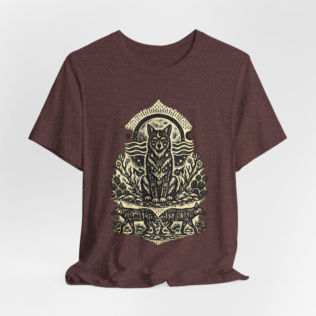 Moonlit Coyote Linocut T-Shirt in Heather Autumn - Southwest linocut moonlit coyote woodcut graphic tee, Barely Outdoorsy