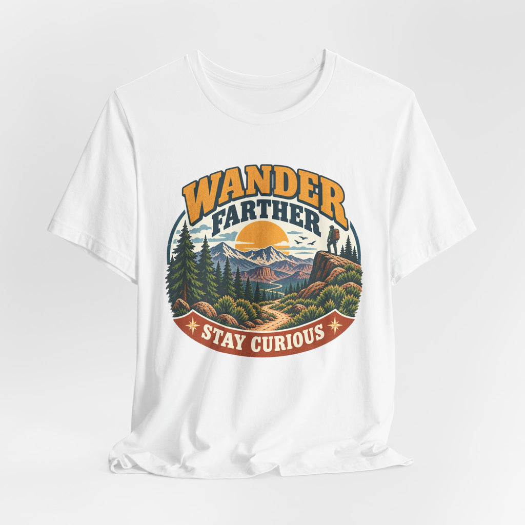 Wander Farther Stay Curious Tee in White - retro mountain wander curious shirt, Barely Outdoorsy Bella Canvas 3001